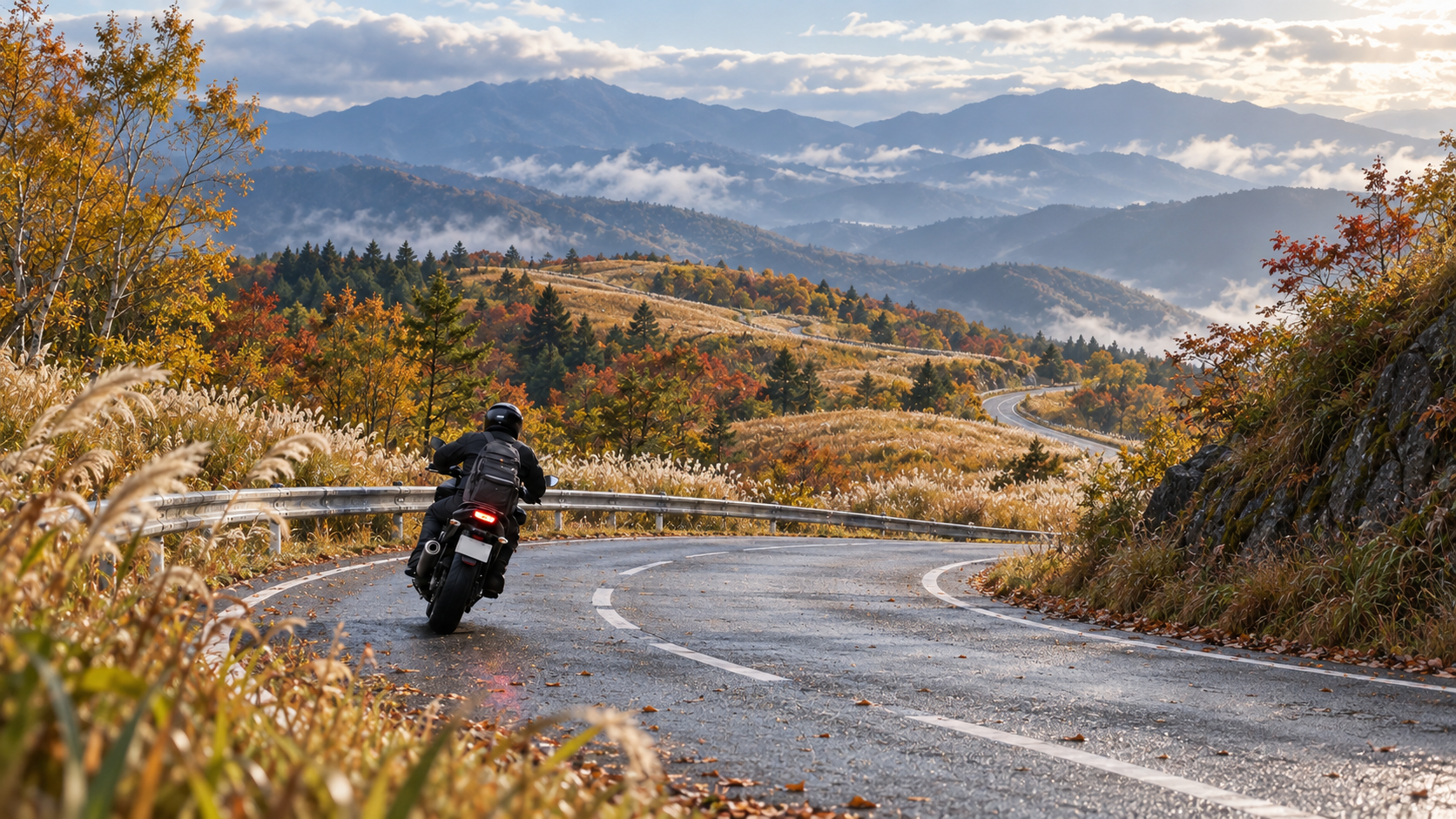 秋の山道をツーリングするバイクと紅葉